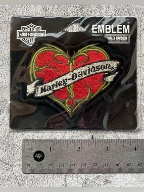 3.5” Harley-Davidson Red Heart Patch with Green Trim and Cream Banner